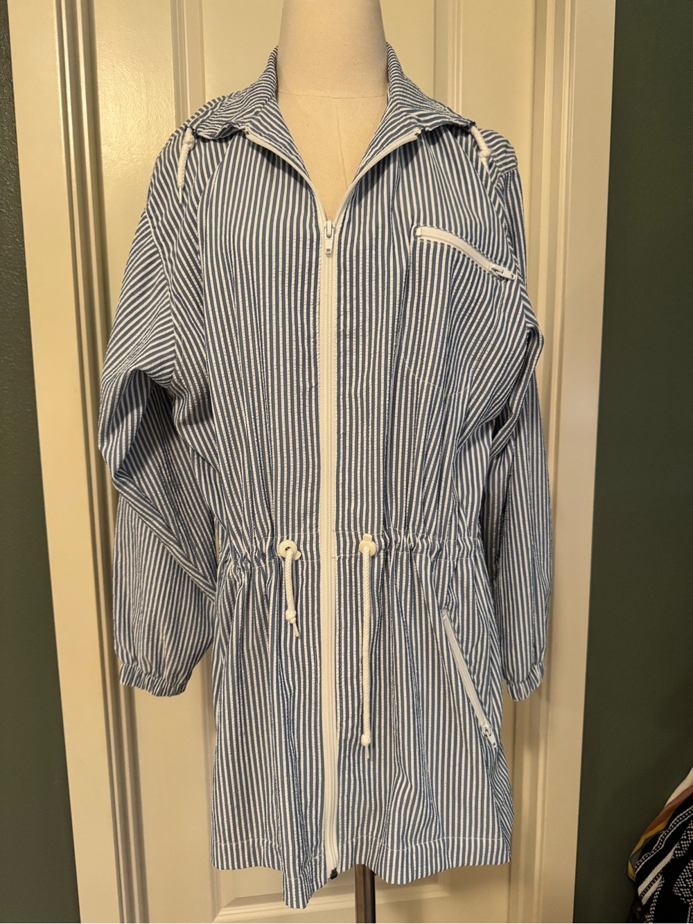 VTG Striped Blue & White Drawstring Coastal Coat
